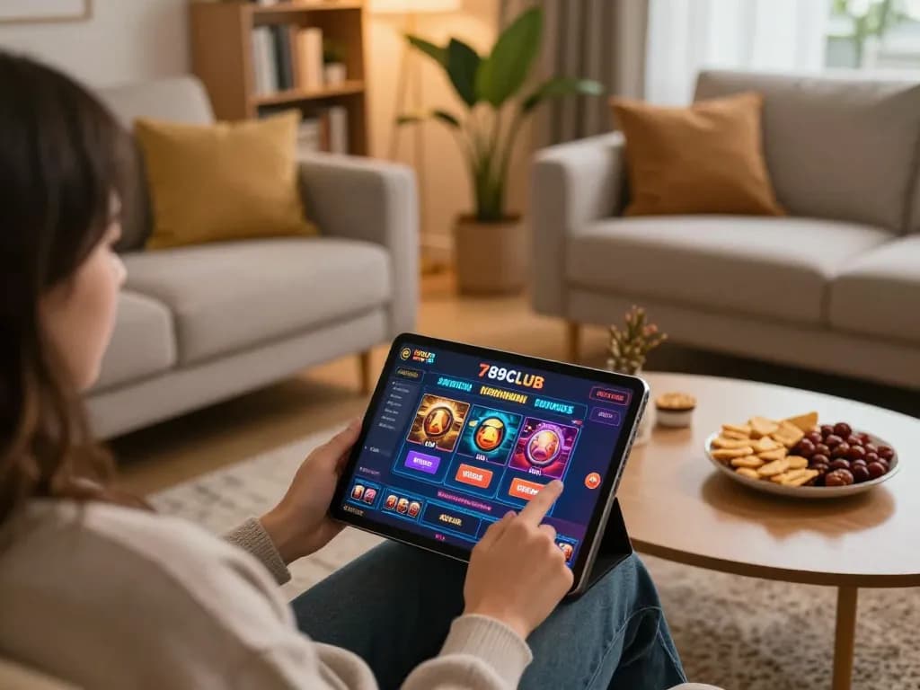 Player engaging in 789CLUB online gaming on tablet in a cozy living room