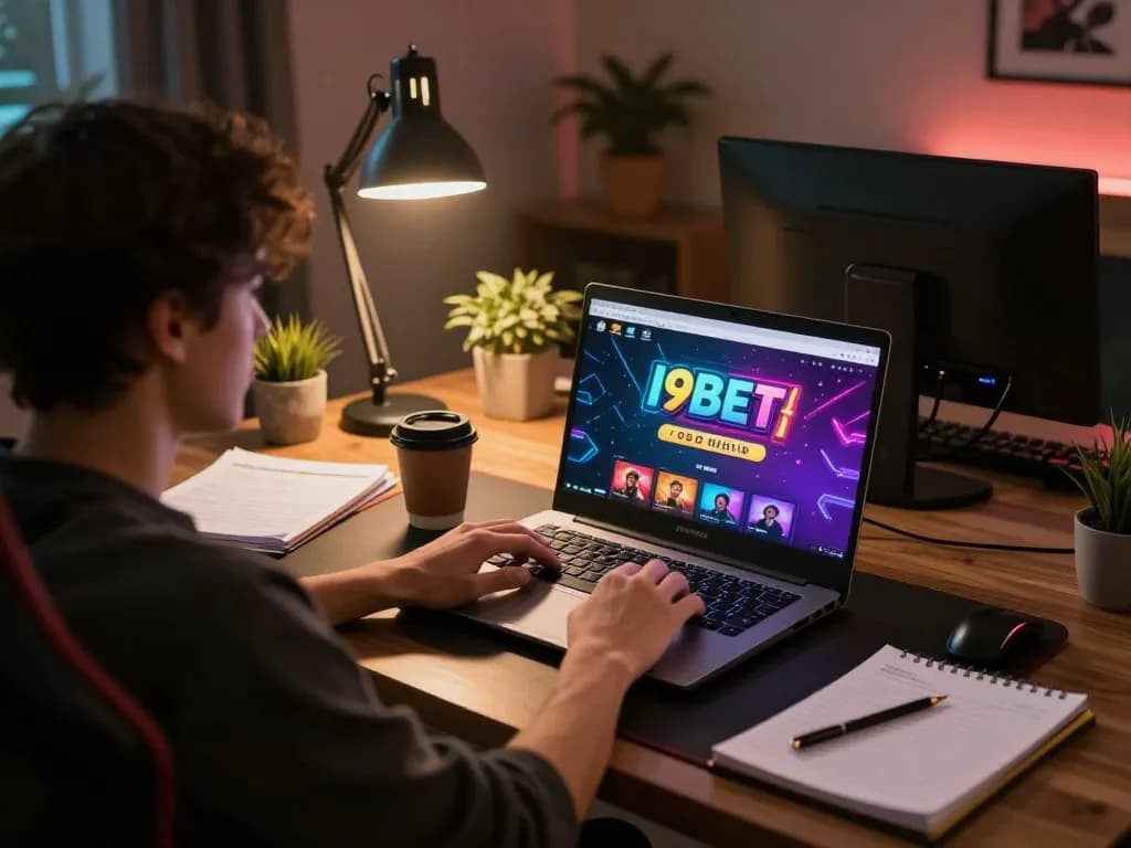 I9BET online gaming setup with a vibrant laptop interface, showcasing an immersive betting experience