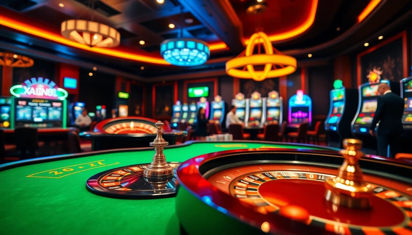 XIN88 players enjoying vibrant games at a professional casino table and slot machines.