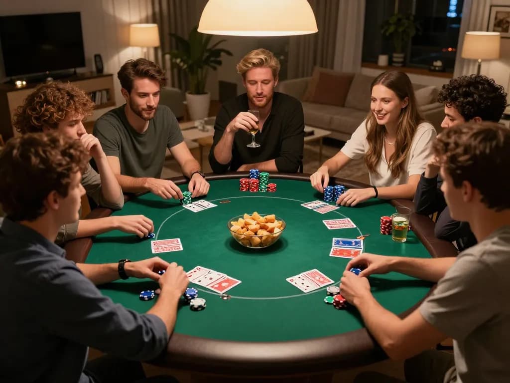 Ombak88 suasana malam poker dengan teman-teman di rumah, menampilkan strategi, kegembiraan, dan atmosfer permainan sosial.