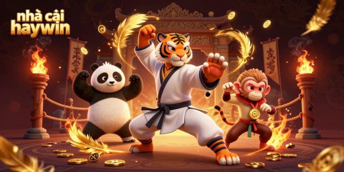 Capture the excitement with nhà cái haywin as a kung fu tiger and friends celebrate their win in a vibrant casino scene.