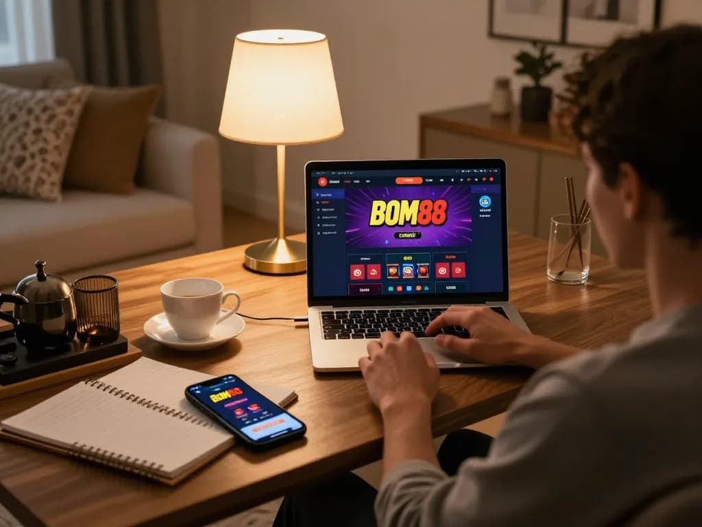 Pemain BOM88 terlibat dalam perjudian online strategis di rumah, menampilkan antarmuka laptop dengan opsi permainan yang menarik.