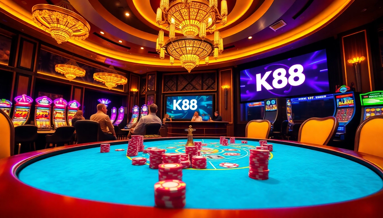 K88 poker players strategically betting at a vibrant casino table, surrounded by glowing slot machines.