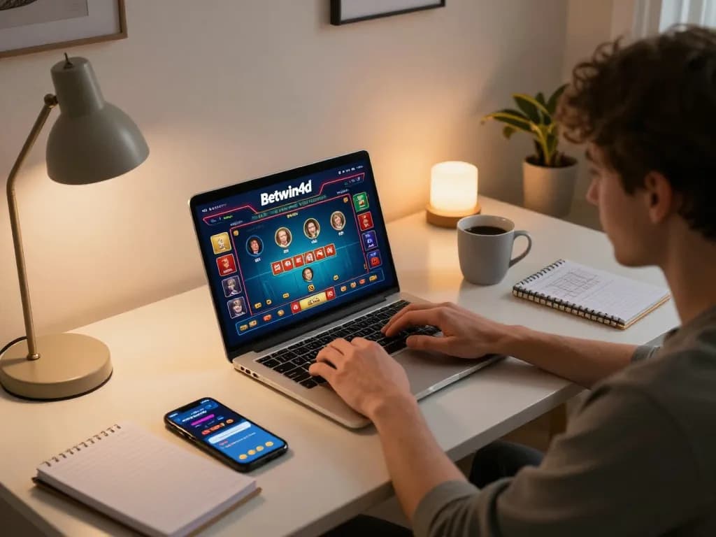 Player engaging with Betwin4d on a laptop amidst a cozy online gaming setup.