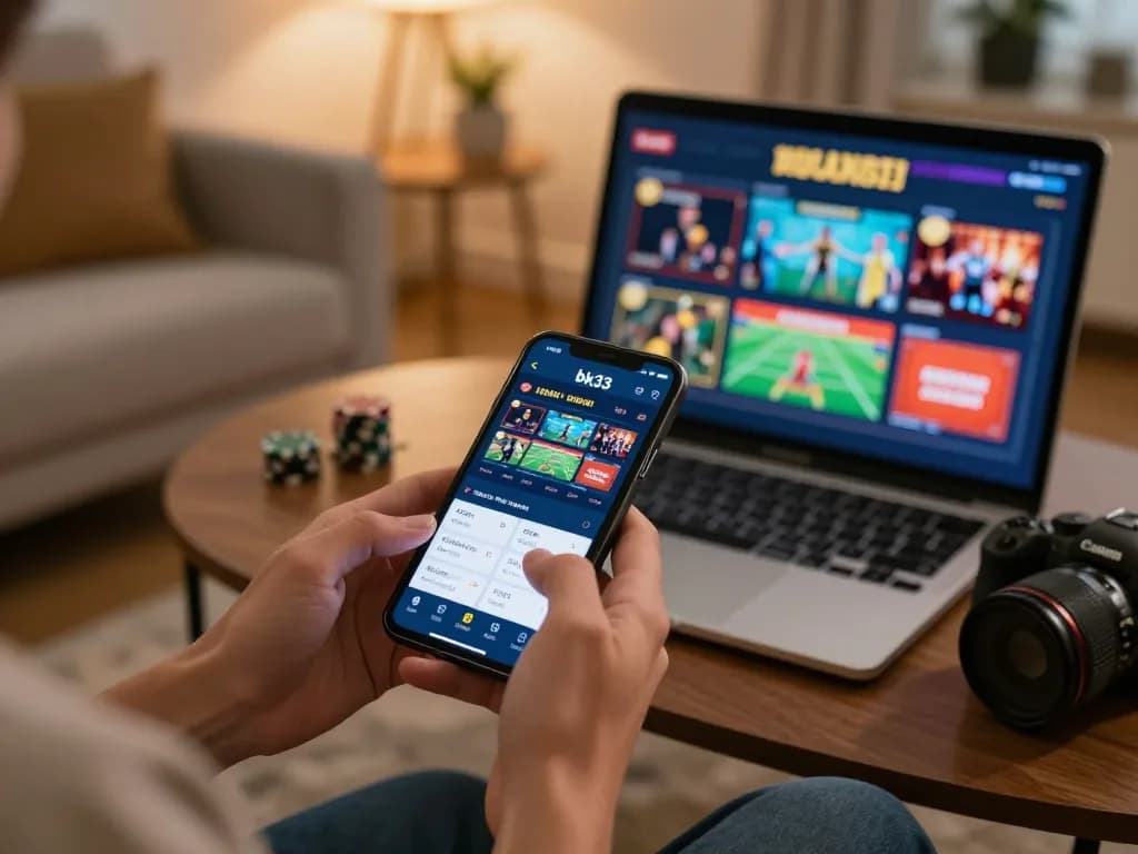 The dynamic bk33 app screen shows a user placing bets on sports events and live casino games.
