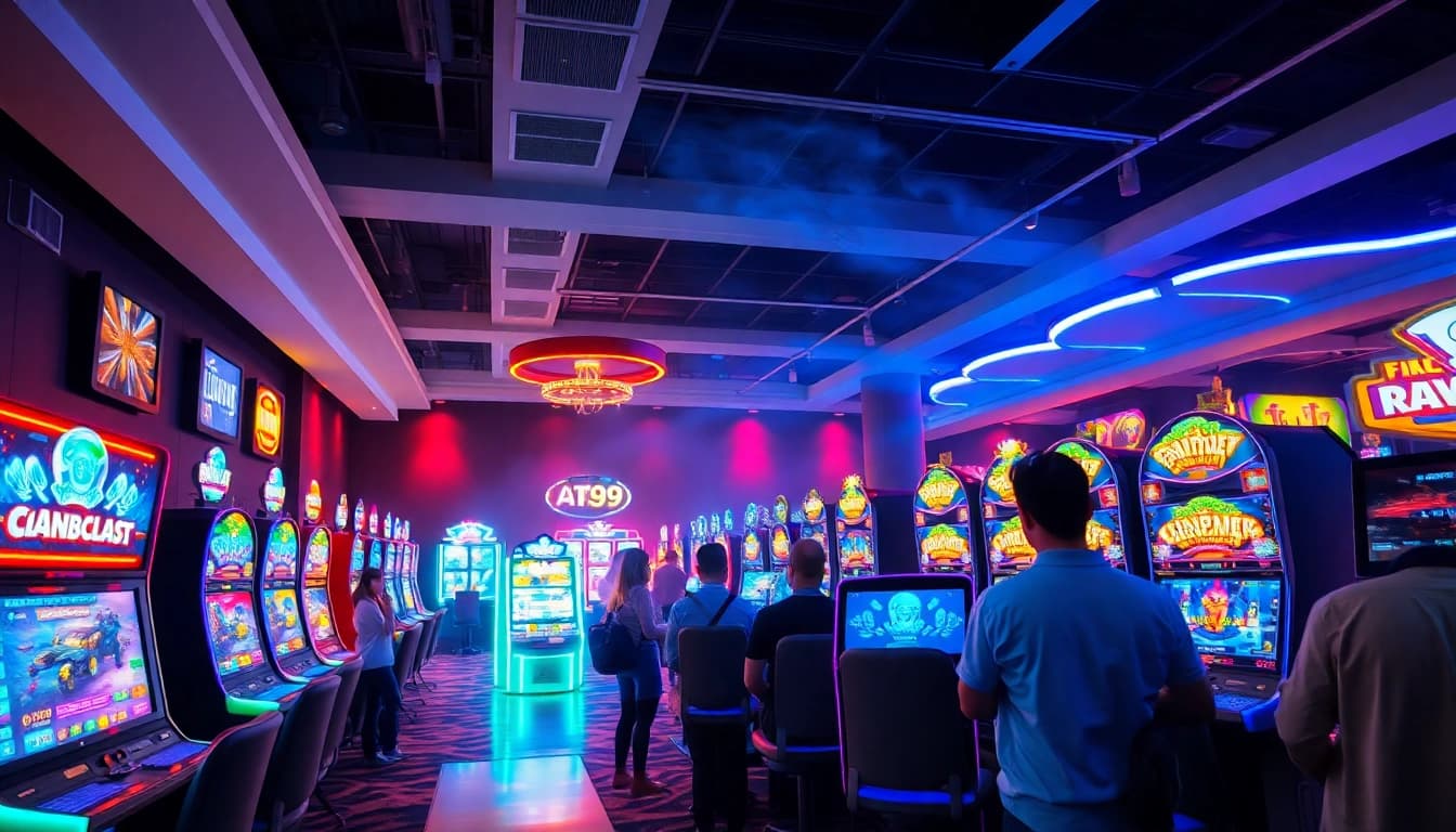 Engaging scene of players enjoying dynamic games at AT99娛樂城 digital casino, showcasing vibrant atmosphere.