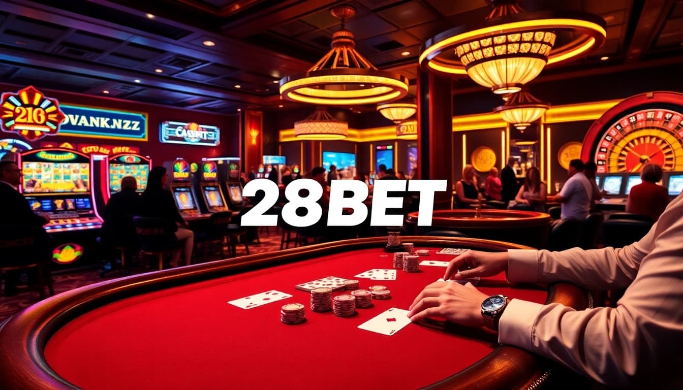 Players enjoying high-stakes poker at 28BET casino table with vibrant chips.