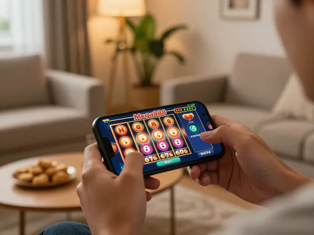 Engaged player exploring Mega888 today on smartphone in a cozy home setting, enjoying thrilling slots gameplay.