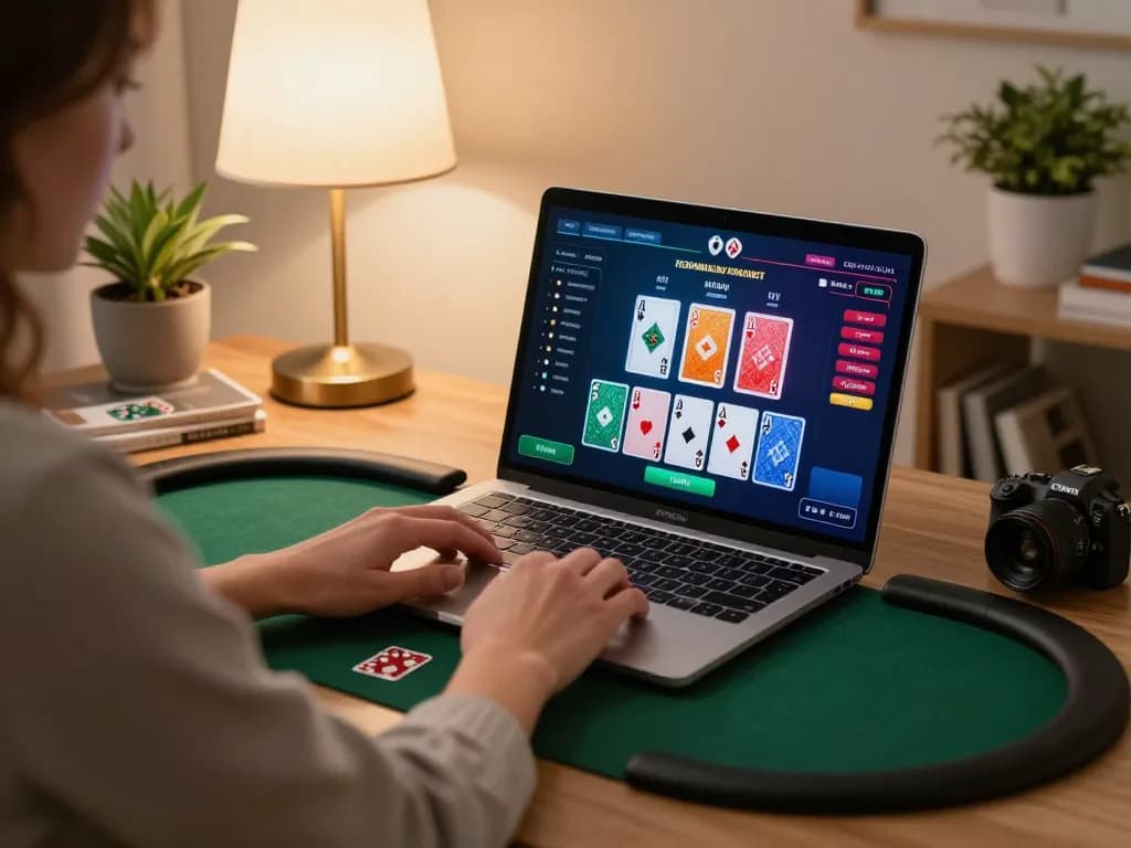 Player engaging in online poker at home on uu88 platform, highlighting strategic betting.