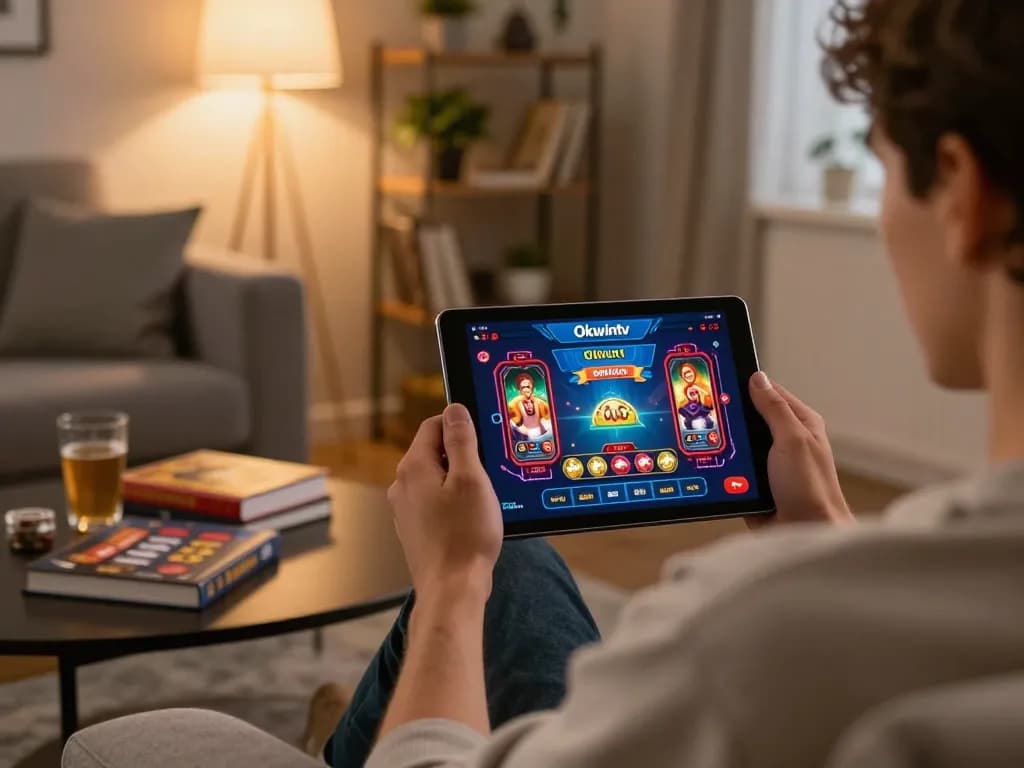 Engaged user exploring Okwintv online casino on a tablet with betting strategies at hand.