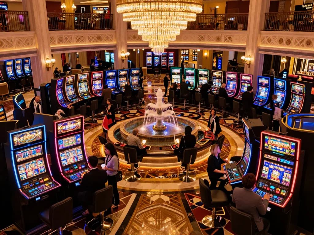 Patrons enjoying vibrant slot machines at Rikvip's luxurious casino gaming floor.