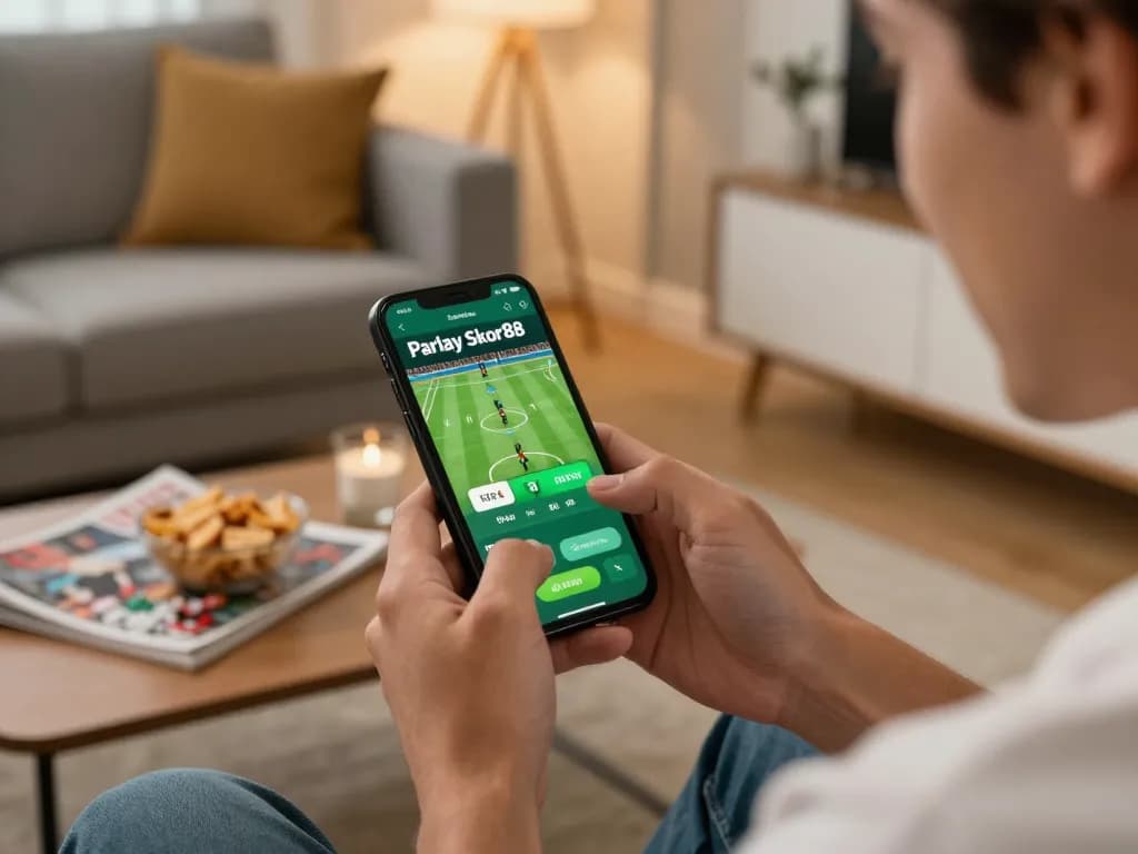 Engaging betting moment using the Parlay Skor88 app on a smartphone in a cozy living room.