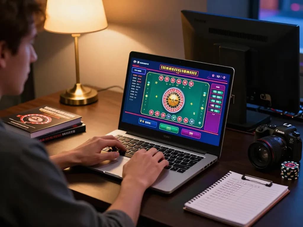 cm88 player engaged in online casino gaming at home using a laptop, warm lighting enhances cozy atmosphere