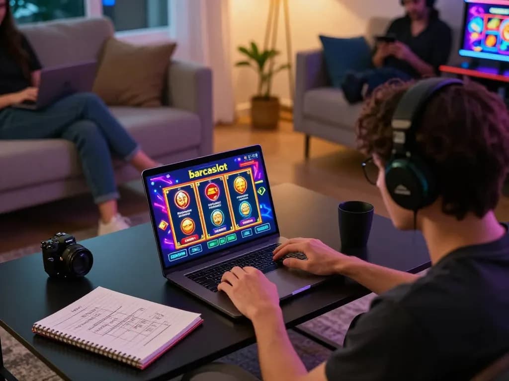 Pemain terlibat menjelajahi permainan slot online barcaslot di laptop, menampilkan layar yang cerah dan suasana yang nyaman.