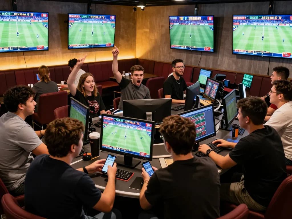 Fans engaging in live betting at MM88 sports lounge with screens showing exciting games.