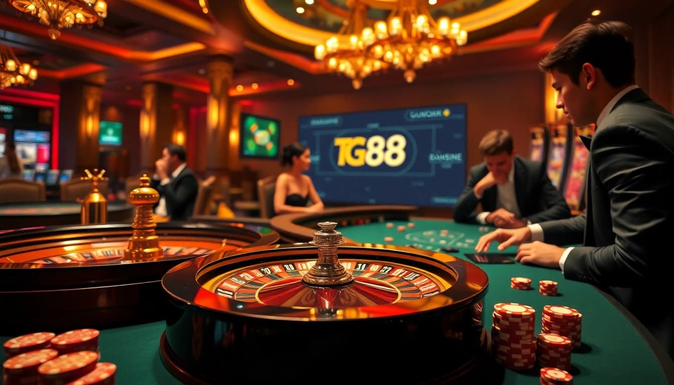 Engaging gambling scene showcasing TG88 with roulette wheel, poker chips, and high-roller atmosphere.