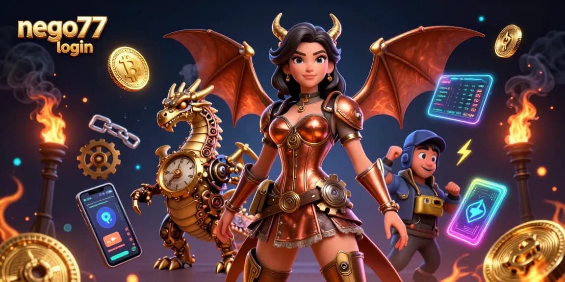 Engage in NEGO77 login with a captivating steampunk scene featuring a dynamic 3D illustration of casino elements.