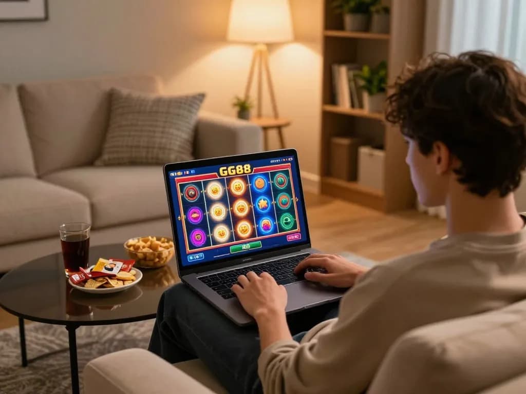Enjoying a thrilling GG88 gaming experience on a laptop at home, showcasing the vibrant interface.