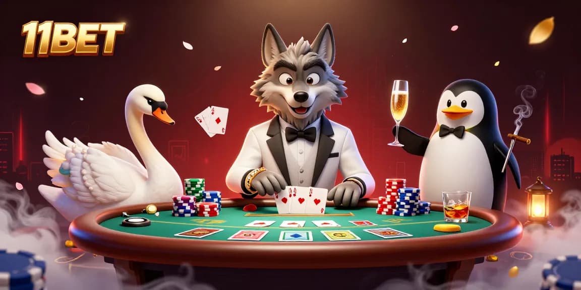 Experience exhilarating gaming action at 11BET with baccarat and elegant characters in a lavish casino setting.