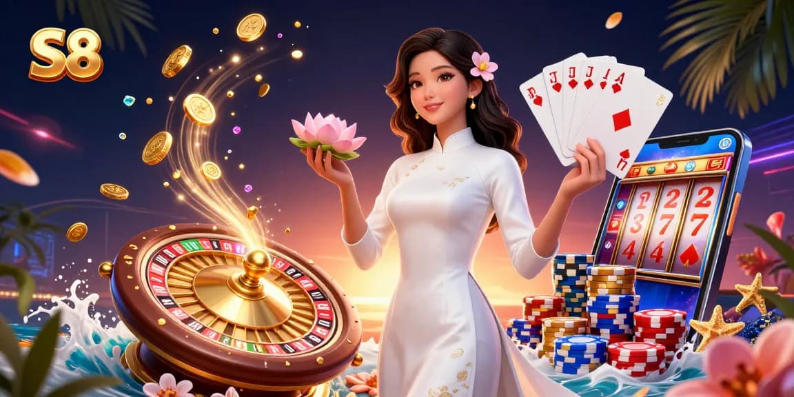 S8 casino vibrant scene showcasing a graceful woman amidst gold coins, roulette wheel, and poker chips.