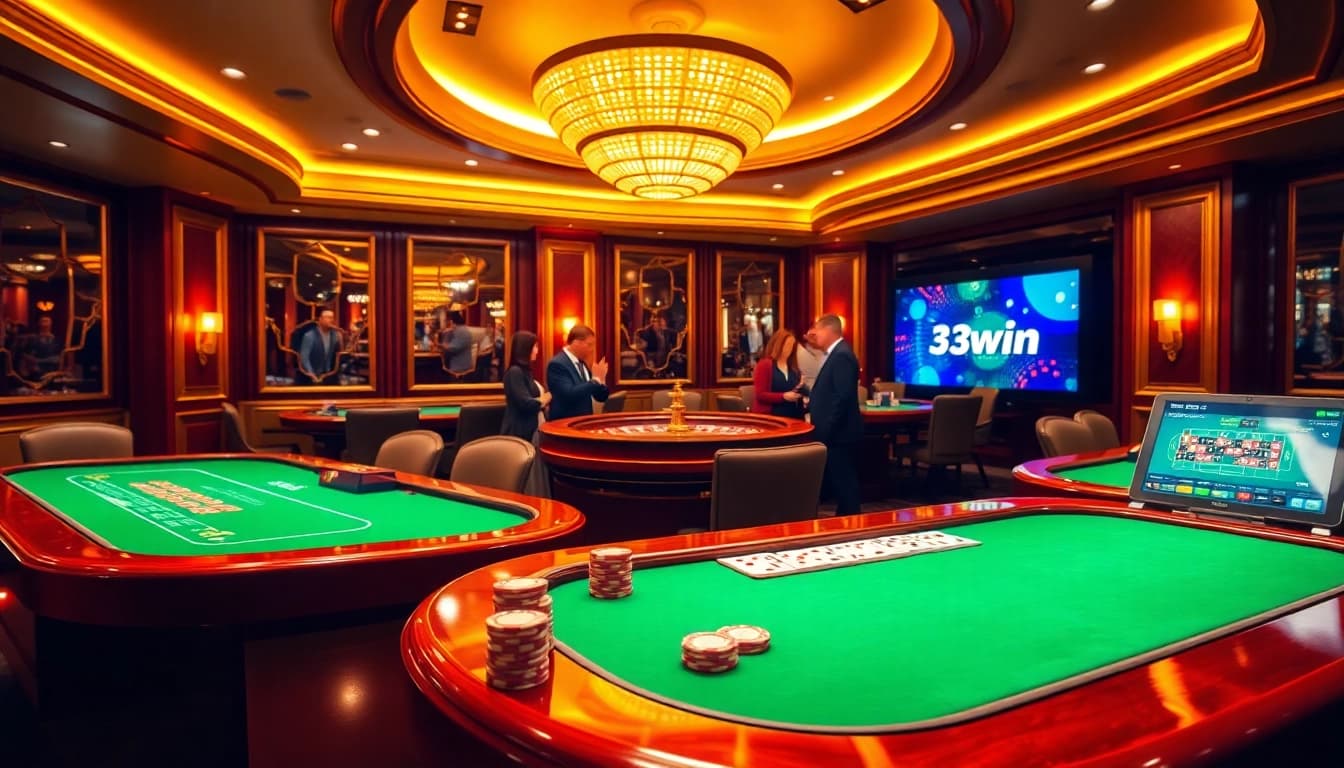 Experience thrilling gameplay at 33win with vibrant casino tables and roulette wheel.
