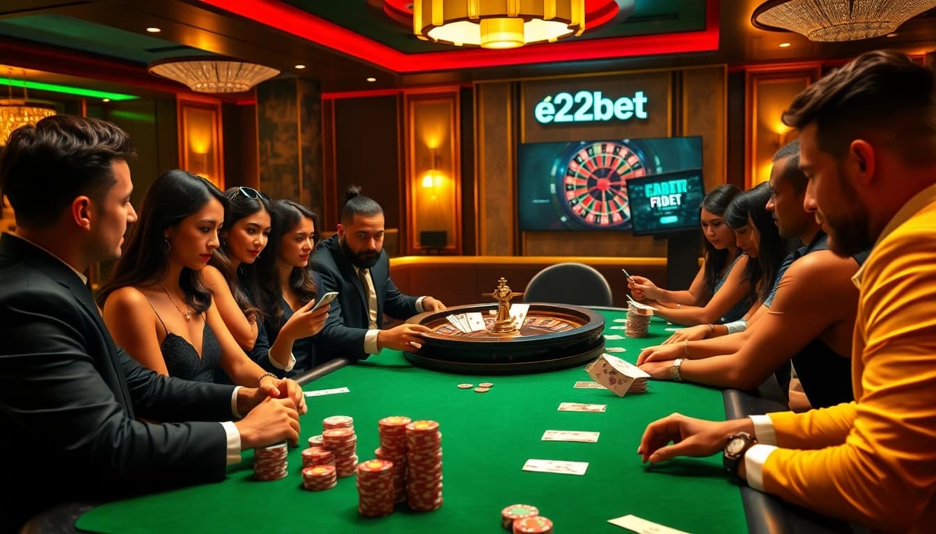 Players enjoying a high-stakes poker game, showcasing e2bet's vibrant casino atmosphere.