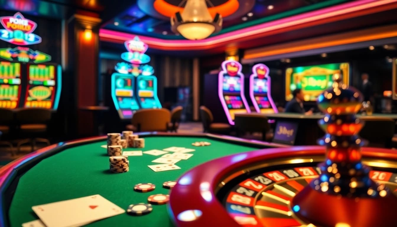 Experience the thrill of 3Dbet's online casino with vibrant poker tables and flashing slot machines.