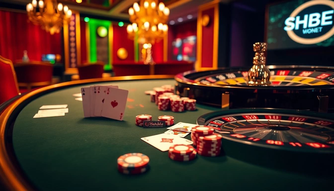 Experience thrilling gameplay at SHBET's luxurious casino tables with vibrant poker chips and cards.