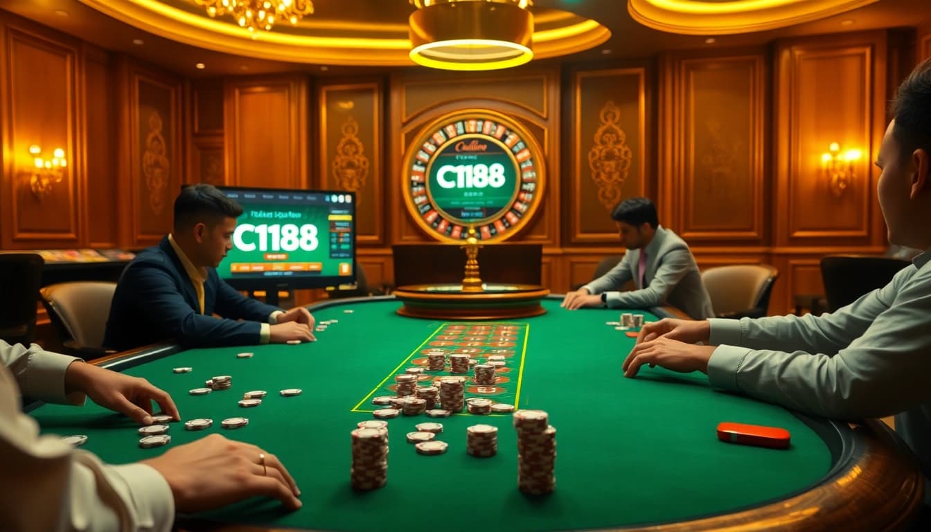 C168 online casino scene showcasing high-stakes poker gameplay, chips, and a roulette wheel.