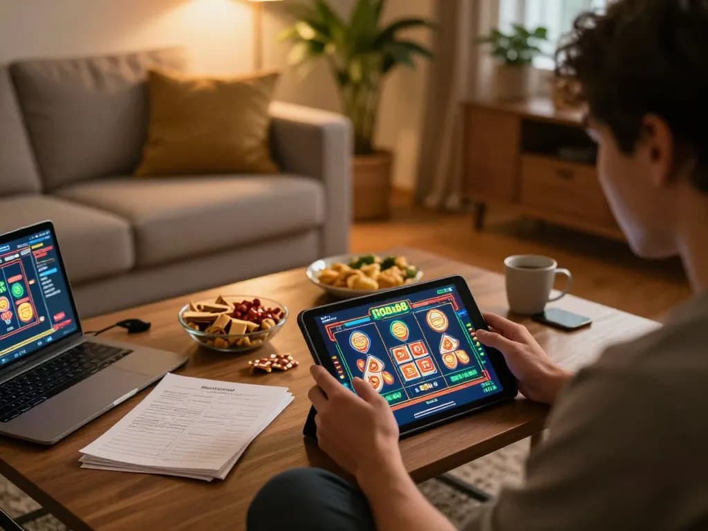 Engaging player enjoying adobet88 slot on a tablet in a cozy living room, surrounded by snacks and strategy notes.