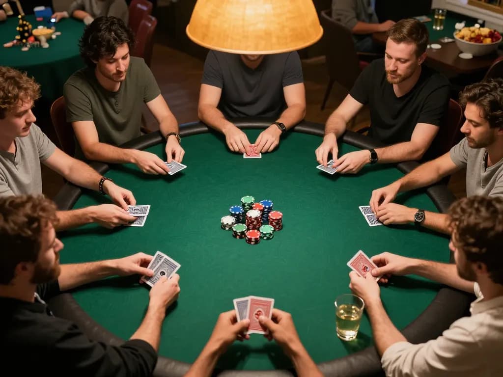 pemain master88 terlibat dalam permainan poker yang meriah di rumah, menampilkan chip dan kartu