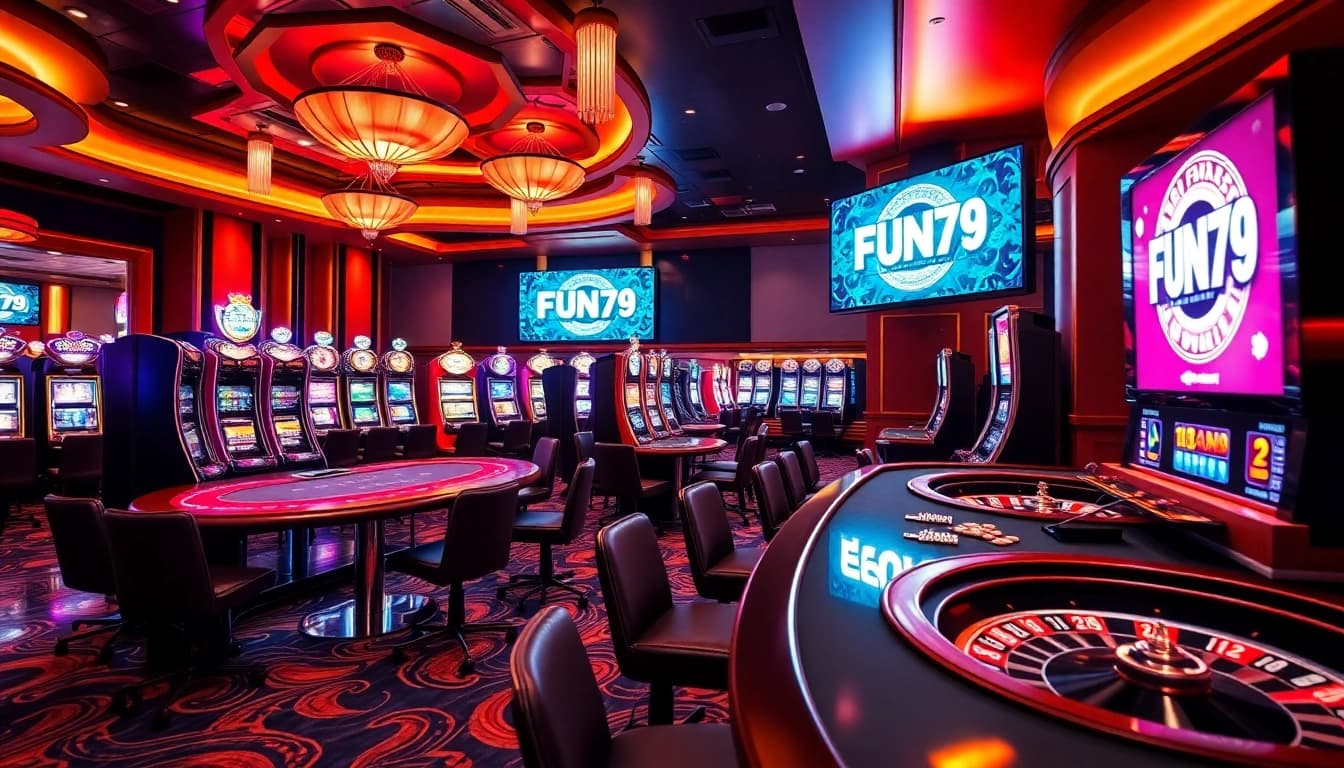 Experience the thrilling excitement of FUN79 with vibrant casino gaming tables, colorful slot machines.