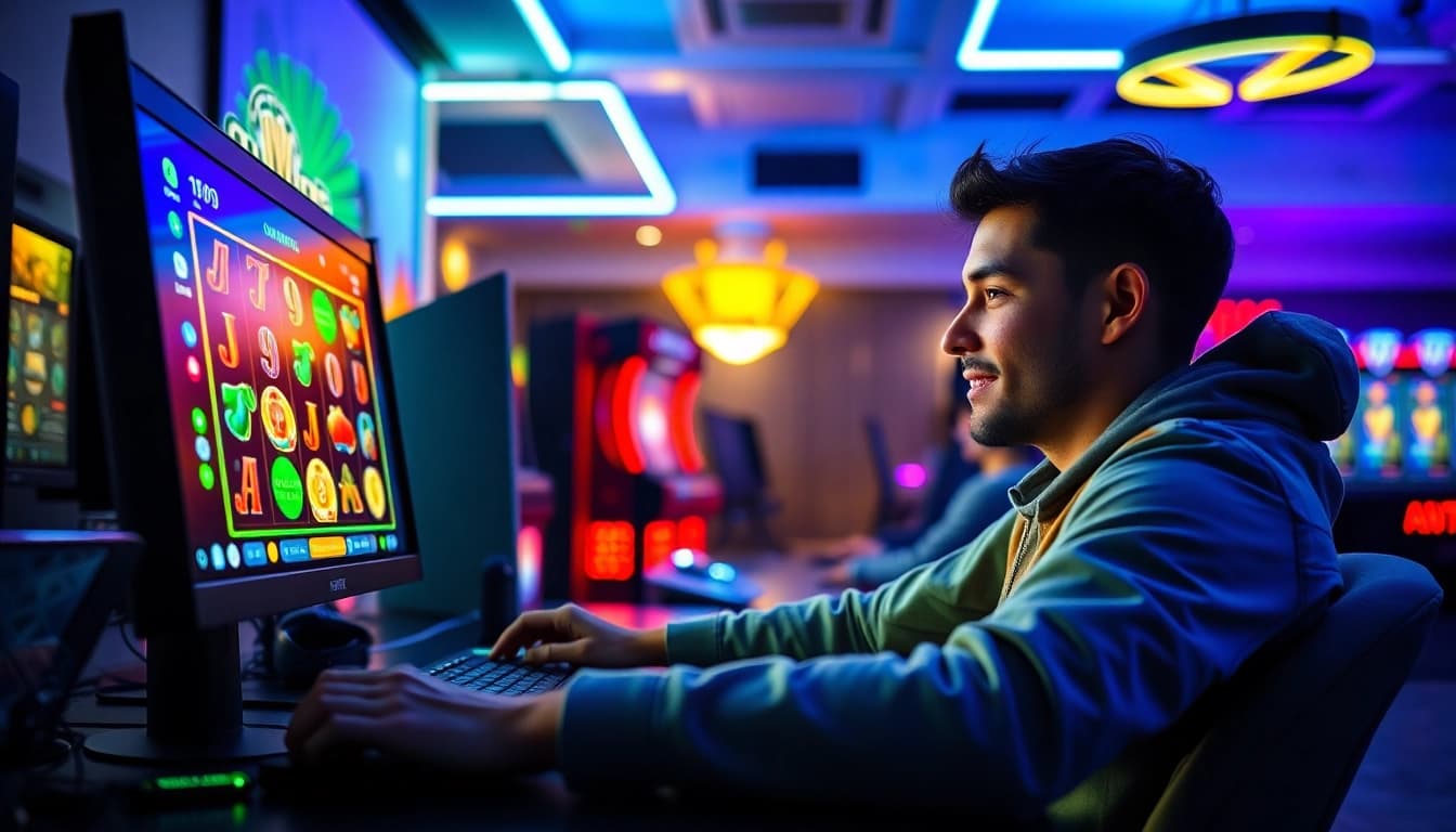 Asupantoto player immersed in an exciting online slot game, showcasing vibrant gaming environment.