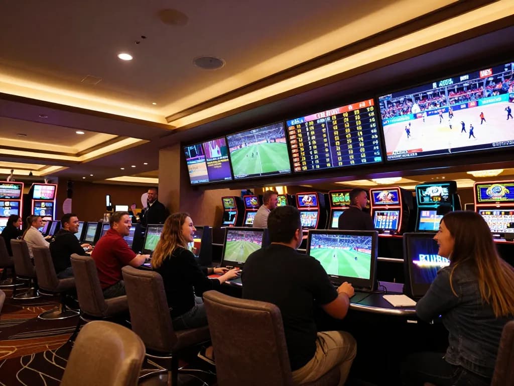 9bet enthusiasts cheering as they engage in sports wagering at a vibrant casino.