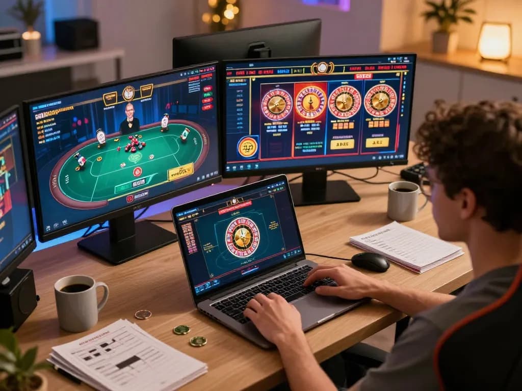 Person engaged at a crypto gambling site on a laptop in a modern workspace with strategic gaming elements.
