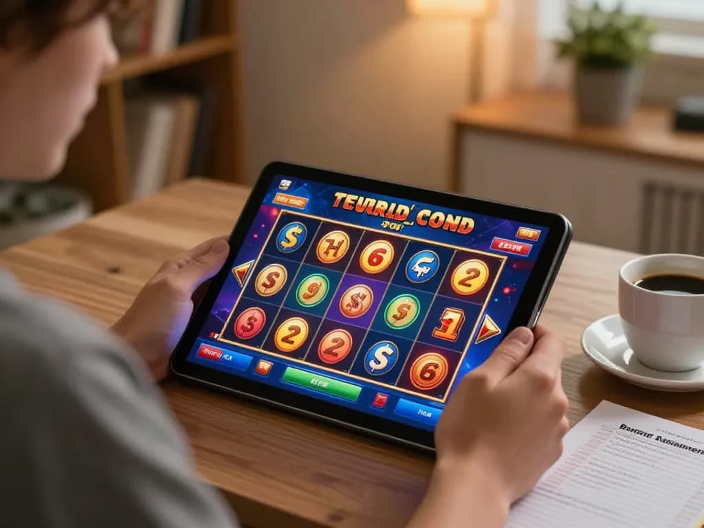 Engaging online slot 5k gameplay on tablet with warm cozy atmosphere for responsible gaming.