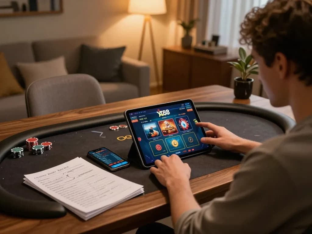 Engaged gambler using XX88 app for online casino strategies and gameplay