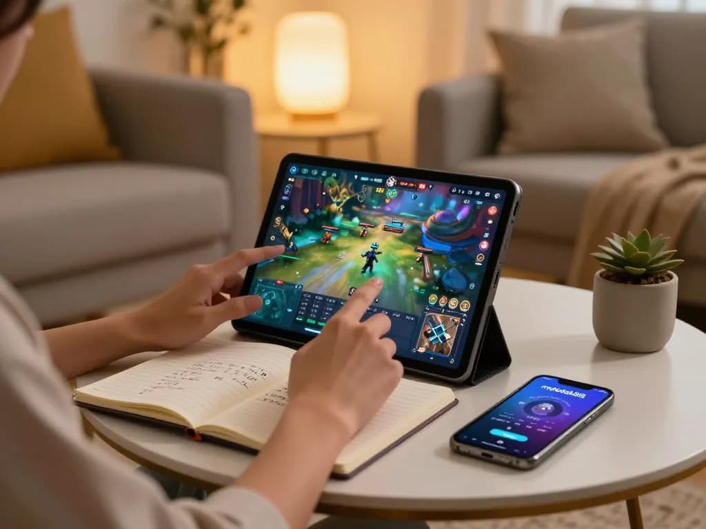 Pengalaman bermain yang menarik dengan meledak88 di tablet dalam suasana rumah yang nyaman, menunjukkan kegembiraan gaming online.
