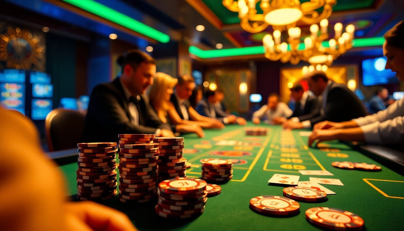 Spannende Spieler, die online casino spielen, an einem eleganten Spieltisch mit leuchtenden Farben und intensiver Atmosphäre.