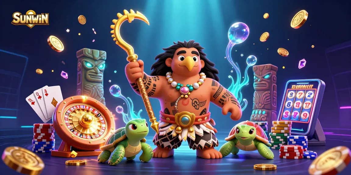 SUNWIN showcases a demigod hawk and turtle with vibrant casino elements in a dynamic 3D scene.