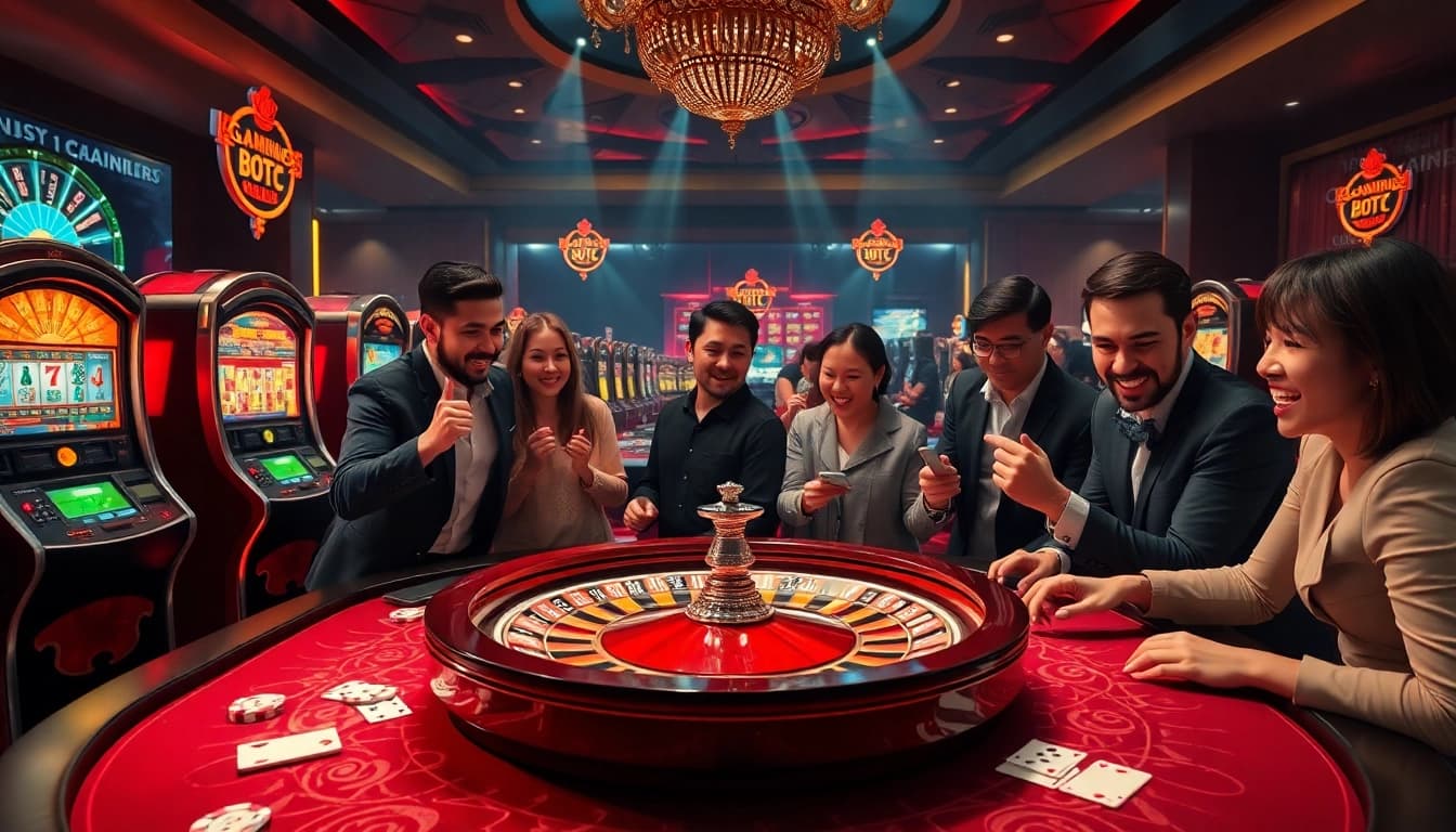 Experience the excitement of situs11 daftar with jubilant gamblers at a luxurious casino, surrounded by roulette wheels and slot machines.