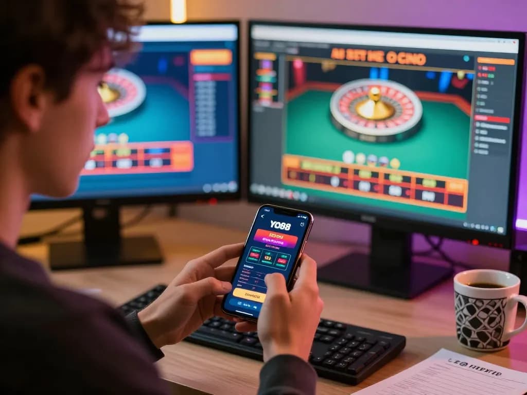 Engaging player strategizing on the YO88 app using smartphone during an online casino session