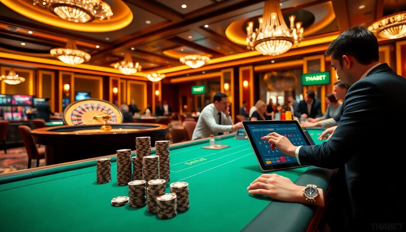 Engage in thrilling casino games with THABET, featuring poker chips and a roulette wheel.