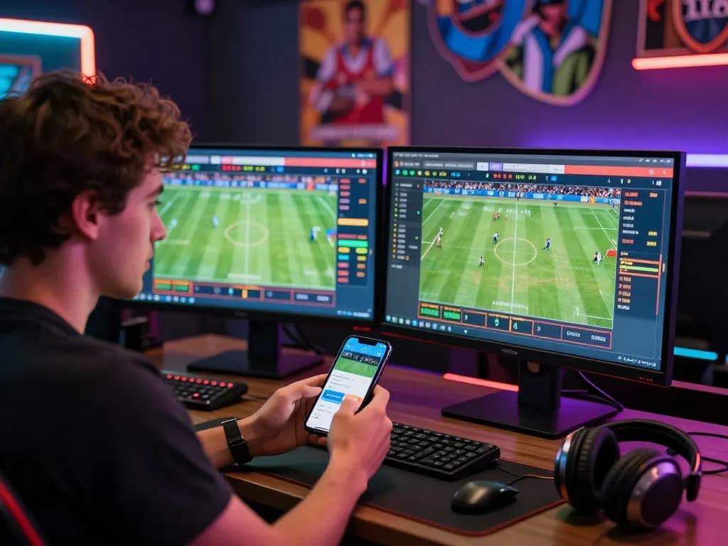 Dynamic gambling scene with a player on debet betting platform and monitors displaying odds.