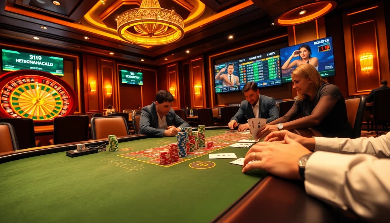 Experience the thrill of betting at https://9keonhacai.com/ with players engaged at a vibrant poker table.