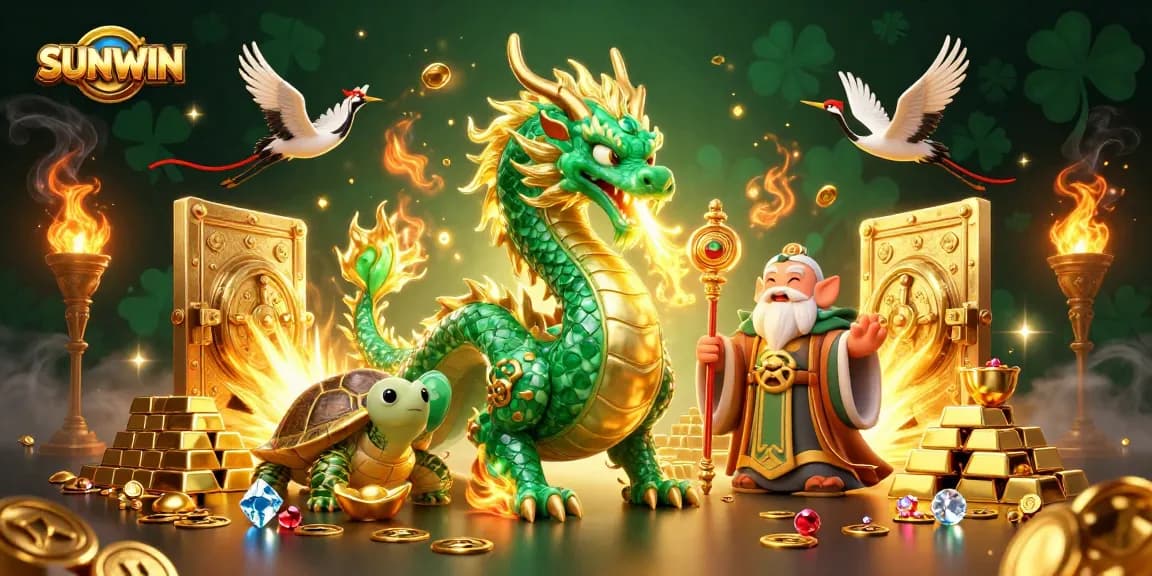 SUNWIN showcases an emerald dragon with golden fire and a turtle sage in a bustling casino scene.