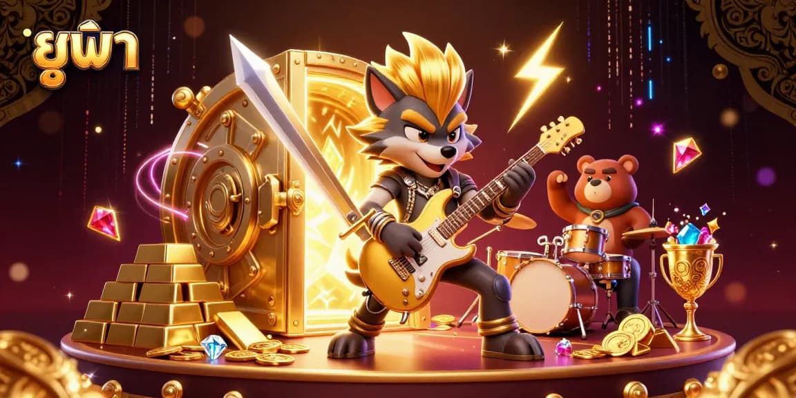 Engage in the exciting world of ยูฟ่า casino with a dynamic stage featuring a rock star wolf and vibrant treasures.