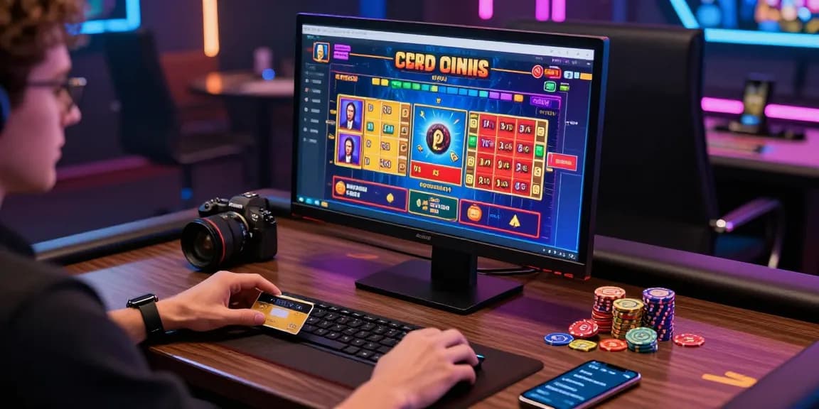 Player using credit card at an exciting online credit card casino, surrounded by vibrant visuals and gaming equipment.
