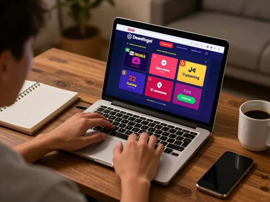 Dewatogel Online displayed on a laptop during an engaging home gambling session, illustrating personal strategy and betting.