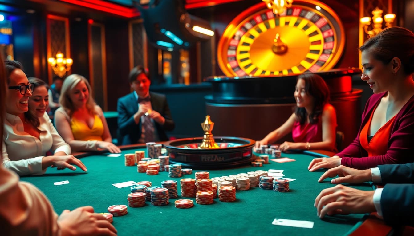 Players enjoy a thrilling poker game at the luxurious w-88.uk.com, with vibrant chips and cards.